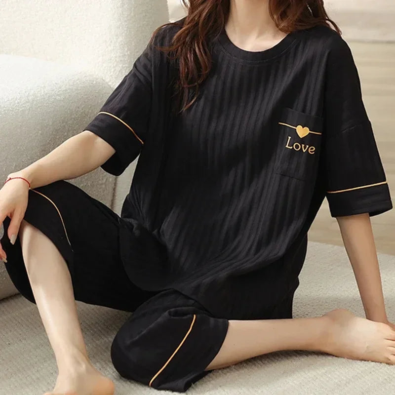 Summer Capris Pajamas for Women Plus Size 5XL Woman Causal Pajama Sets Cartoon Lapel Pijamas Cute Girl Soft Cotton Sleepwear