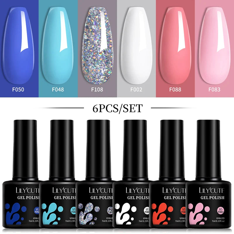 Gel Nail Polish Set - 6Pcs 7ML UV Gel Varnish | Bright Pink Semi Permanent Soak Off