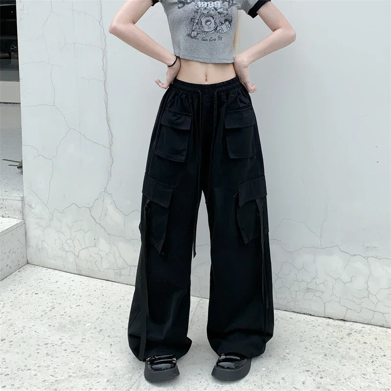 High Quality 2025 Cotton High Street Cargo Pants for Women Men with Ribbon High Waist Wide Leg Hip-hop Cool Dances Pants Ladies