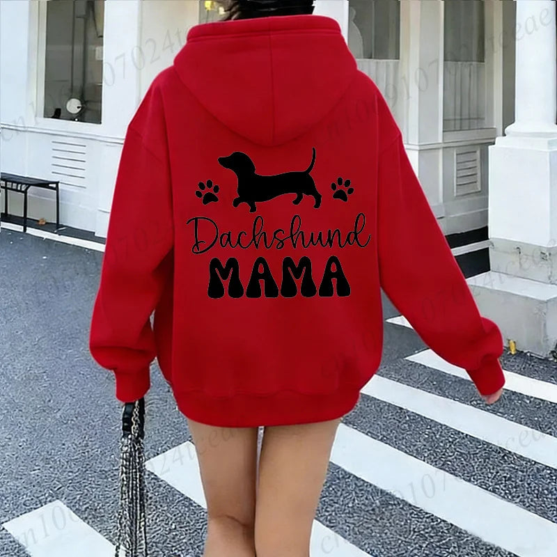 Dachshund Mama Graphic Hooded Hoodie Women Wiener Dog Paw Print Pullover Sweatshirt Dog Lover Casual Winter Autumn Tracksuits