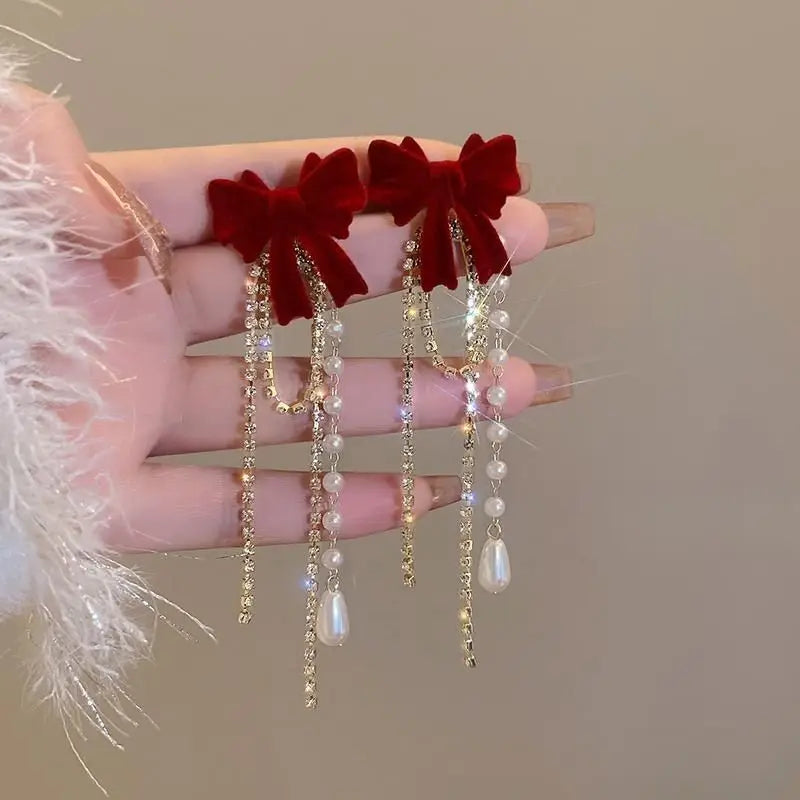 New Wine Red Velvet Rose Pearl Earrings for Women Vintage Red Rose Elegant High-end Studs Earrings Jewelry Accessories Gifts