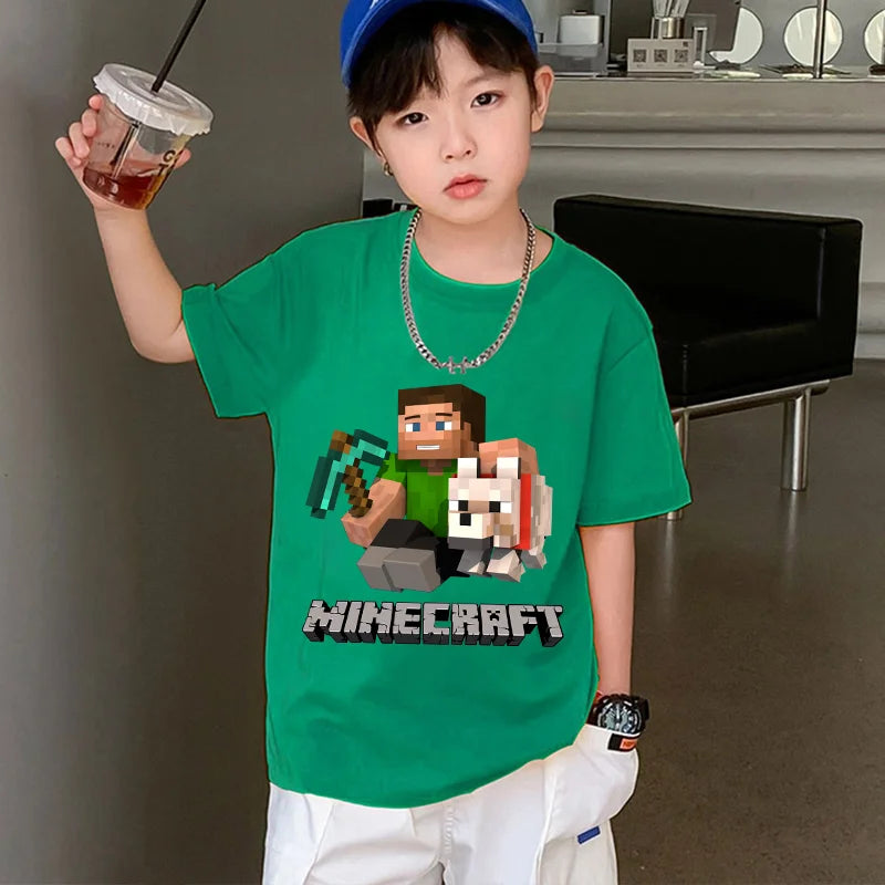 Miner Crafting Pixel Series Child T-Shirt Summer Kids Short Sleeve Tops Hot Game Boys Girls Clothing Cartoon Print Birthday Gift