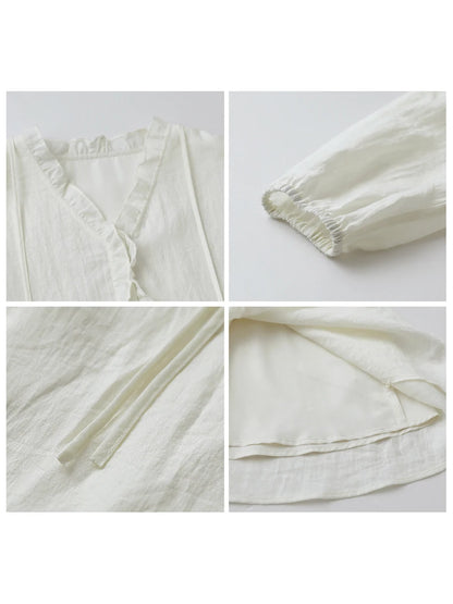 Women Loose Dress - Casual V-Neck Long Sleeve A-Line Knee Dress With Ruffled Lantern Sleeves