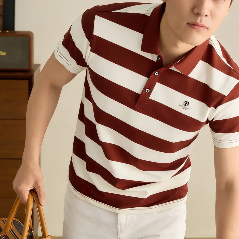 Men's Golf Polo Shirt with Collar, Short Sleeves and Wide Stripes – Breathable Summer Casual Business T-shirt