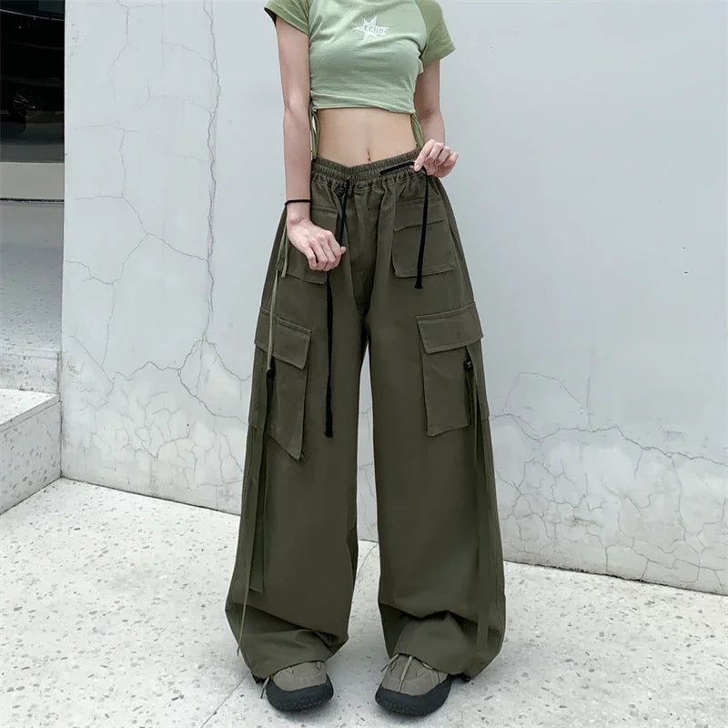 High Quality 2025 Cotton High Street Cargo Pants for Women Men with Ribbon High Waist Wide Leg Hip-hop Cool Dances Pants Ladies