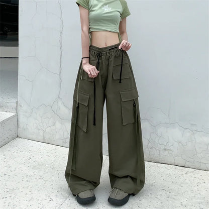 High Quality 2025 Cotton High Street Cargo Pants for Women Men with Ribbon High Waist Wide Leg Hip-hop Cool Dances Pants Ladies