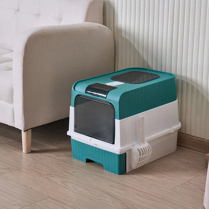 Large Foldable Cat Litter Box with Scoop - Odor Control Easy to Clean Front Entry  Top Exit - ZOOMNSTORE
