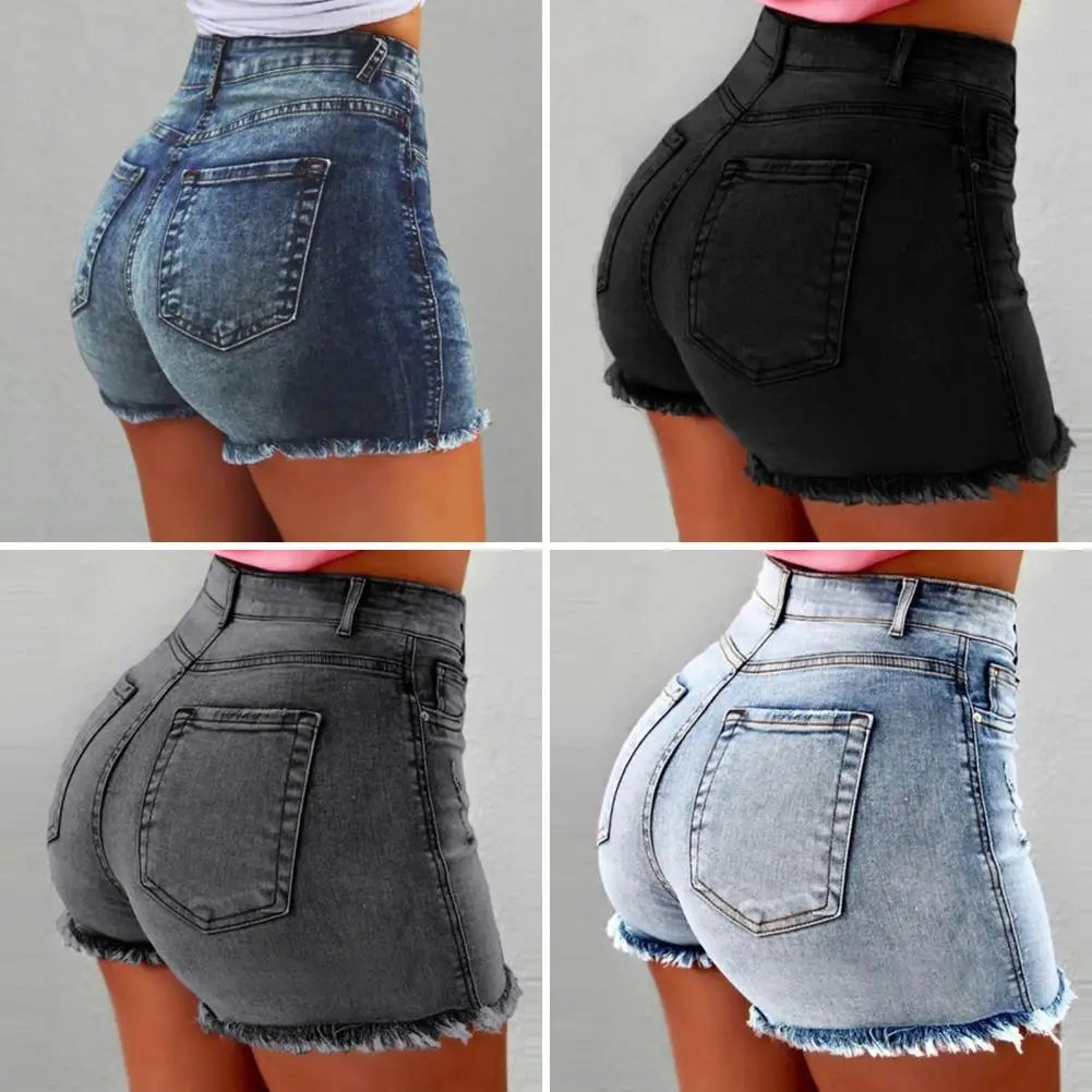 2025 Retro Distressed Ripped Edge Women Shorts High Waist Washed Butt-lifted Slim Fit Side Pockets Casual Club Party Short Pants