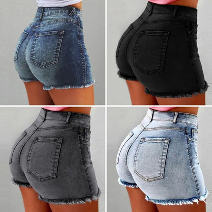 2025 Retro Distressed Ripped Edge Women Shorts High Waist Washed Butt-lifted Slim Fit Side Pockets Casual Club Party Short Pants