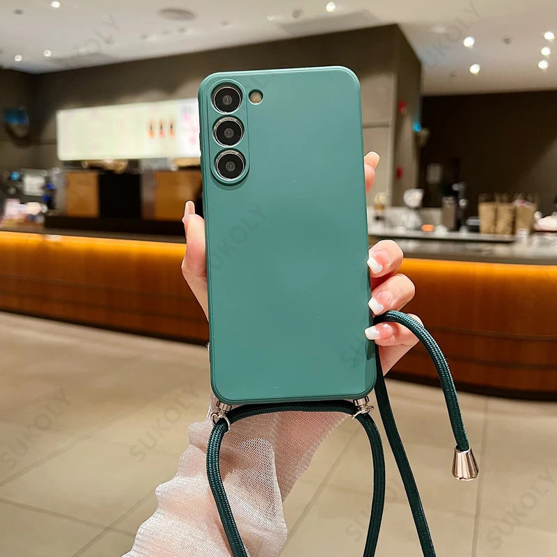 Crossbody Lanyard Soft Case For Samsung Galaxy S23 FE S25 Edge S26 S24 Ultra A17 A57 A37 A55 A56 A16 5G Liquid Silicone Cover