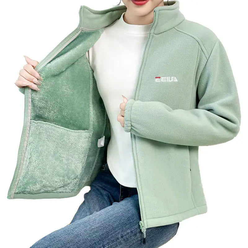 Woman Thickened Zipper Lamb Velvet Sweatshirt Casual Cardigan Embroidery Warm Stand-up Collar Loose Jacket Windproof Sweatshirt