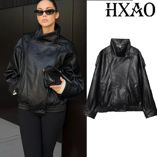 HXAO Black Jacket For Woman Outerwears Faux Leather Jacket Long Sleeve New In Coats And Jackets Zipper Bomber Motorcycle Jacket