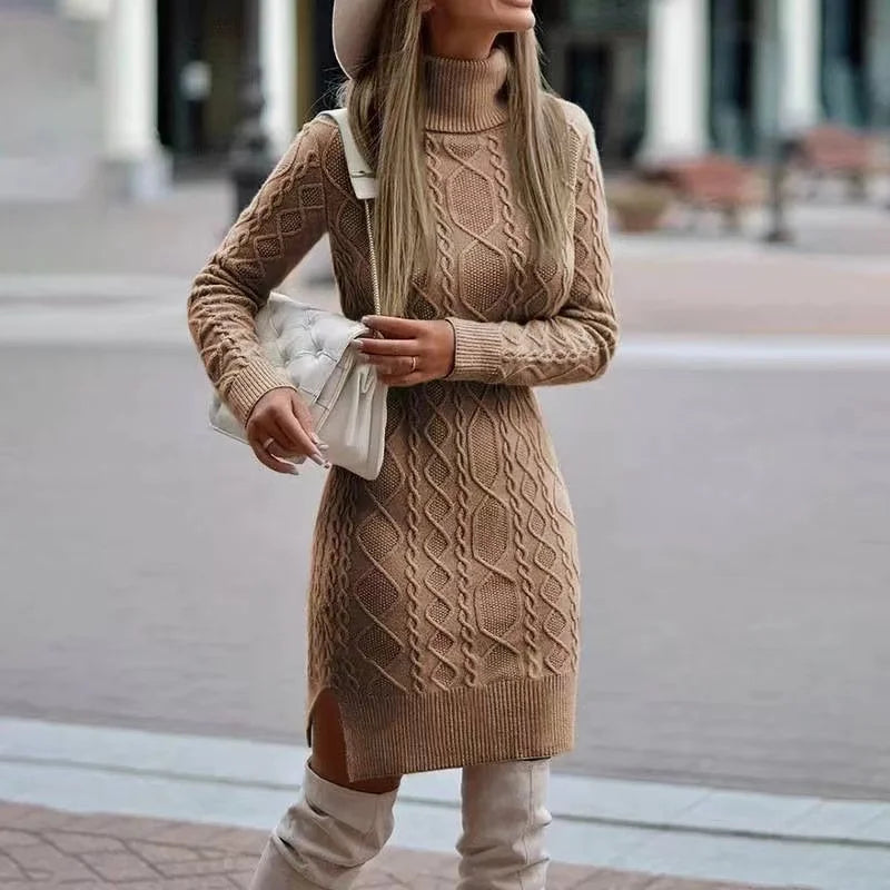 Knitted Sweater Dress – Women's Warm Autumn Winter Long Sleeve A-Line Mid-Calf Skirt