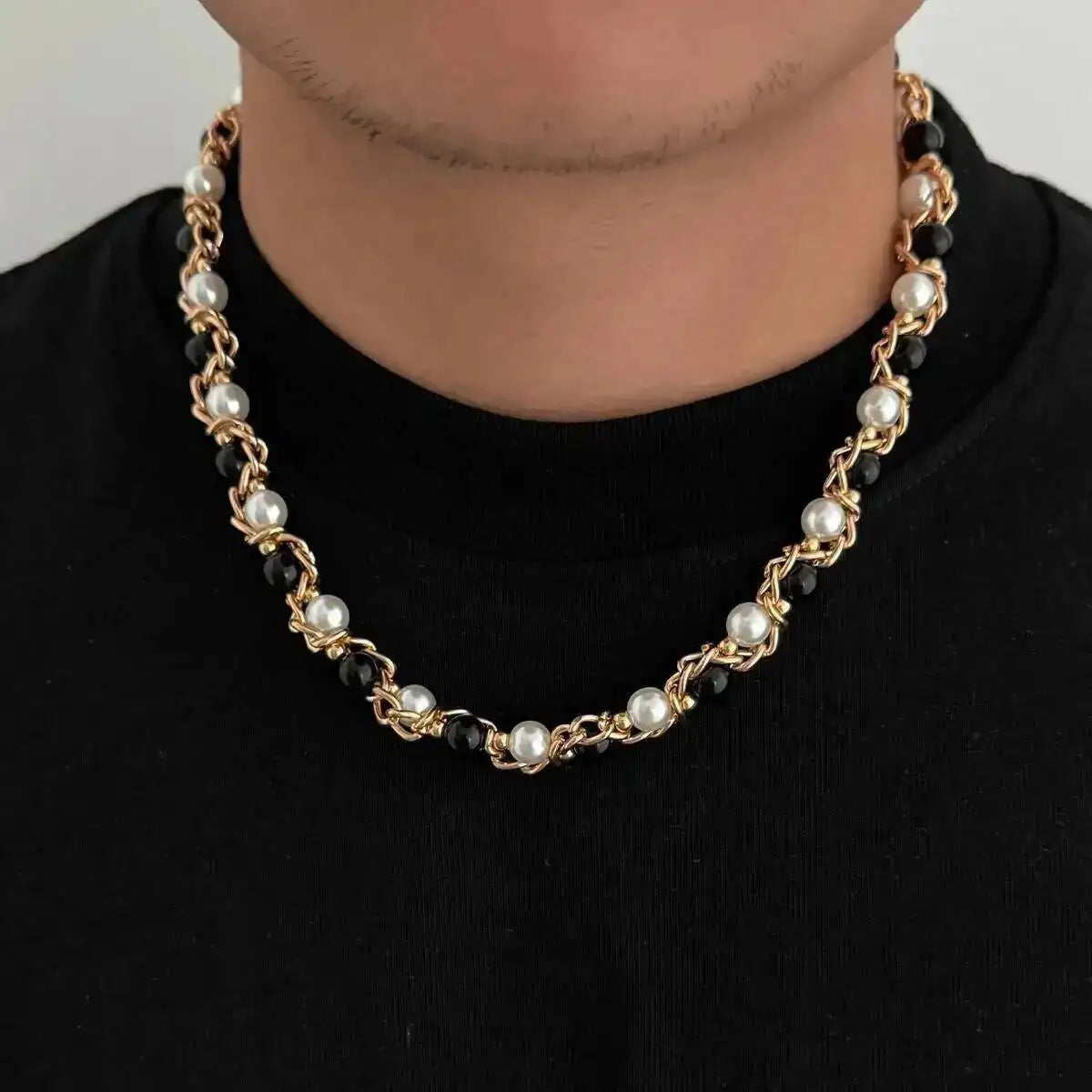 Lacteo 2025 Trendy Creative Imitation Pearl Beaded Chain Necklace Bracelet for Men Vintage Clavicle Chain Charm Jewelry Gift Set