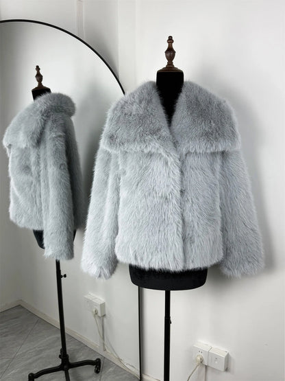 Faux Fur Women's Coat – Luxury Cropped Fluffy Jacket With Lapel Collar