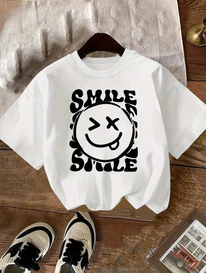 New 2026 Summer 100% Cotton Girls Round Neck T-Shirt, Cute Letter Smiley Print Breathable Casual Short Sleeve Tops