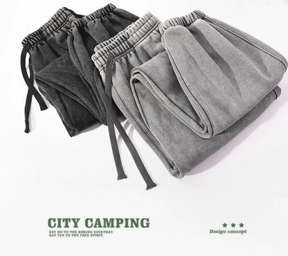 350g Water-Washed Distressed Loose Fit Casual Sweatpants with Ankle Ties - Retro American Style for Autumn/Spring