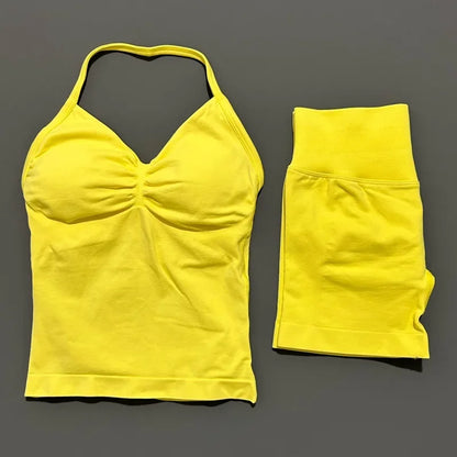 2Pcs HISTELLO Yoga Set Women Halter Tank Top Scrunch Butt Lifting Shorts Ruched Anti Chafe Quick Dry Gym Workout Sports Set