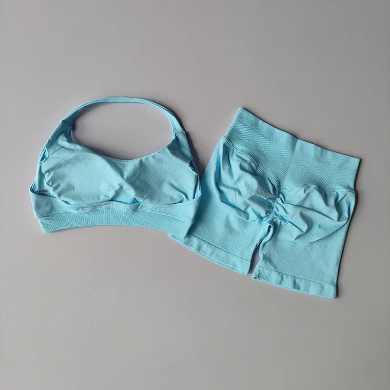 Seamless Yoga Suit - Women's Gym Clothes Halter Sports Bra & Impact Shorts Set