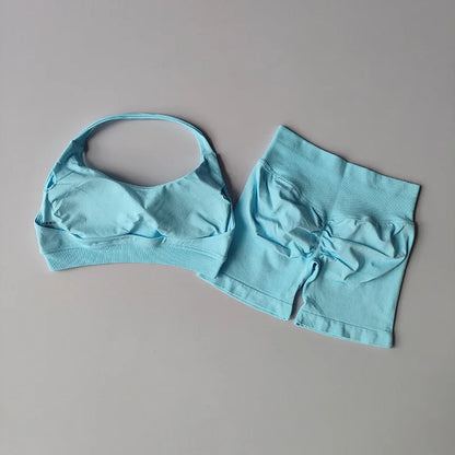 Seamless Yoga Suit - Women's Gym Clothes Halter Sports Bra & Impact Shorts Set