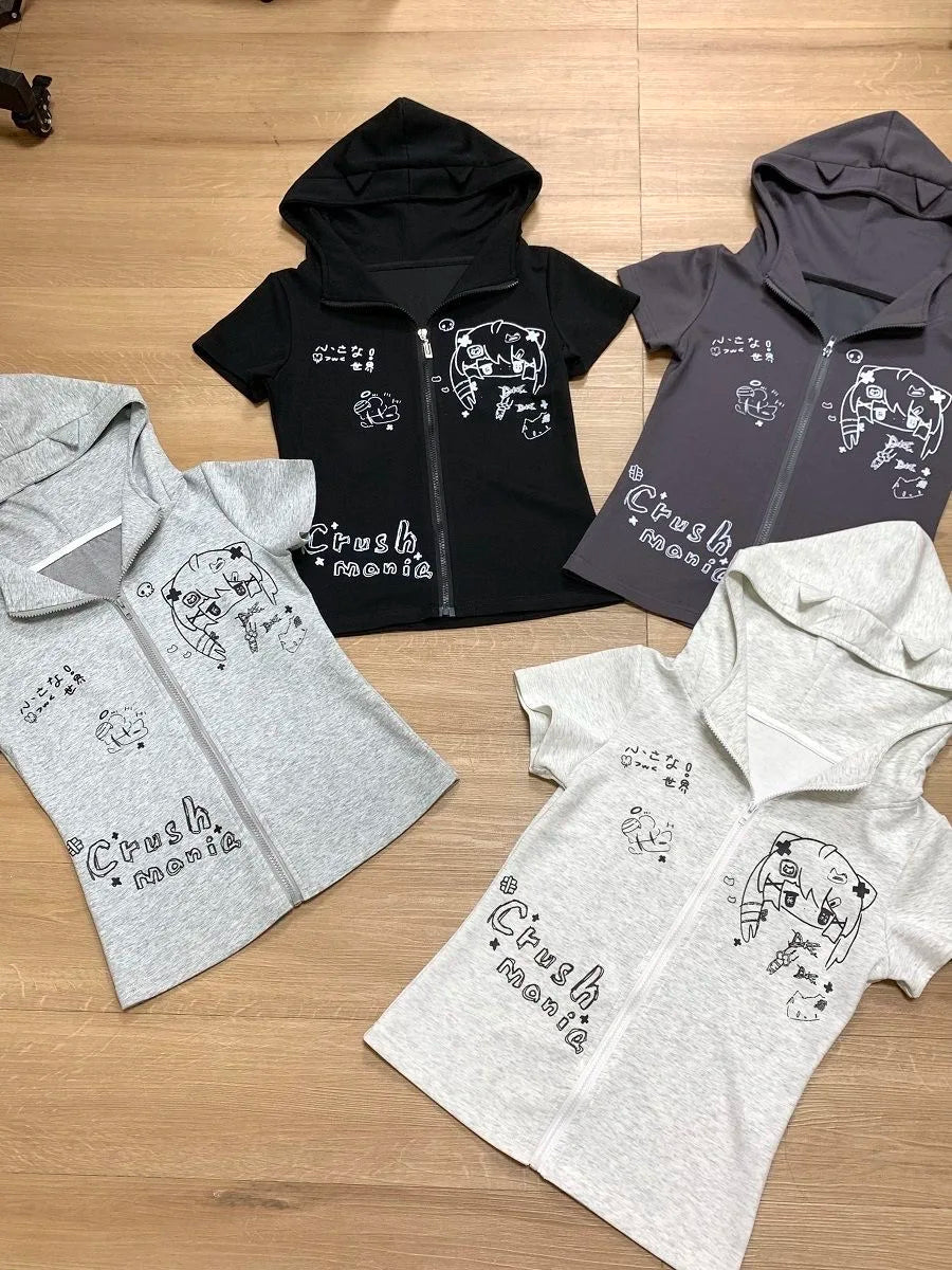 2026 Zebra Print Zip Up Hoodie Women's Clothing Hooded Short Sleeve Sweatshirts Y2k Tops Punk Causal Tees Fashion Summer Hoodies