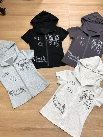 2026 Zebra Print Zip Up Hoodie Women's Clothing Hooded Short Sleeve Sweatshirts Y2k Tops Punk Causal Tees Fashion Summer Hoodies