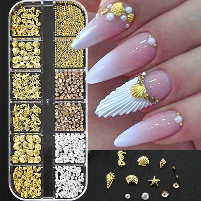 Ocean Gold Nail Art Charms - 3D Shell Seahorse Starfish Pearl Gems Studs