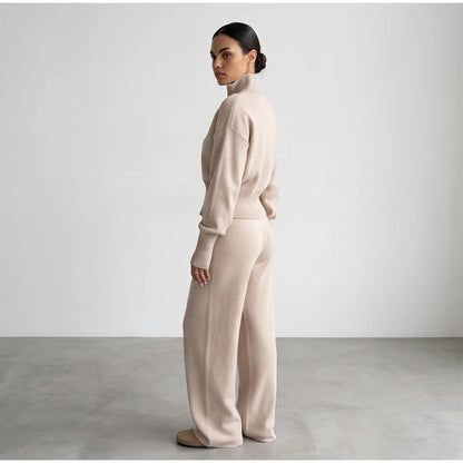Solid Color Zipper Waist Cinching Casual Set Knitted Top Drawstring Straight Leg Pants 2-piece Sets 2026 Autumn Lady Daily Wear