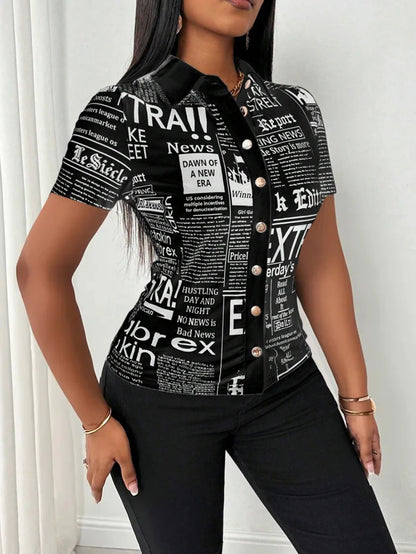 Women Summer Fashion Newspaper Print Single-Breasted V-Neck Women Shirt