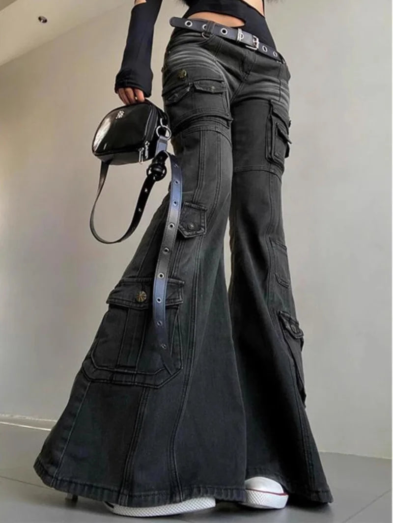 Retro Multi Pocket Y2K Flared Pants Women's Black Low Waisted Denim Cargo Jeans Gothic Stretch Slim Spicy Girl Workwear Trousers