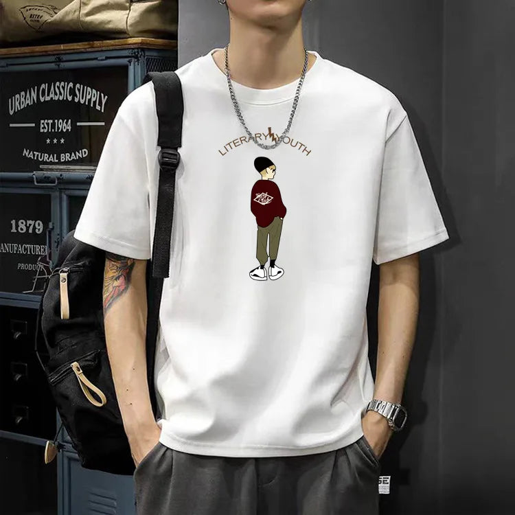 Men's Cotton T-Shirt - Printed Loose Fit Summer O-Neck Tee with Breathable Broadcloth Fabric
