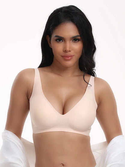 Jelly Wireless Bra Deep V Push Up Seamless T-Shirt Comfortable Plunge No Underwire Bras with Adjustable Straps Everyday Bras