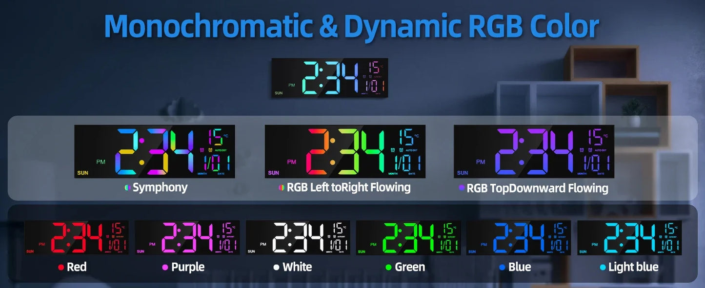 Large Digital Wall Clock - 162 LED with Remote Dual Alarm  RGB Colors