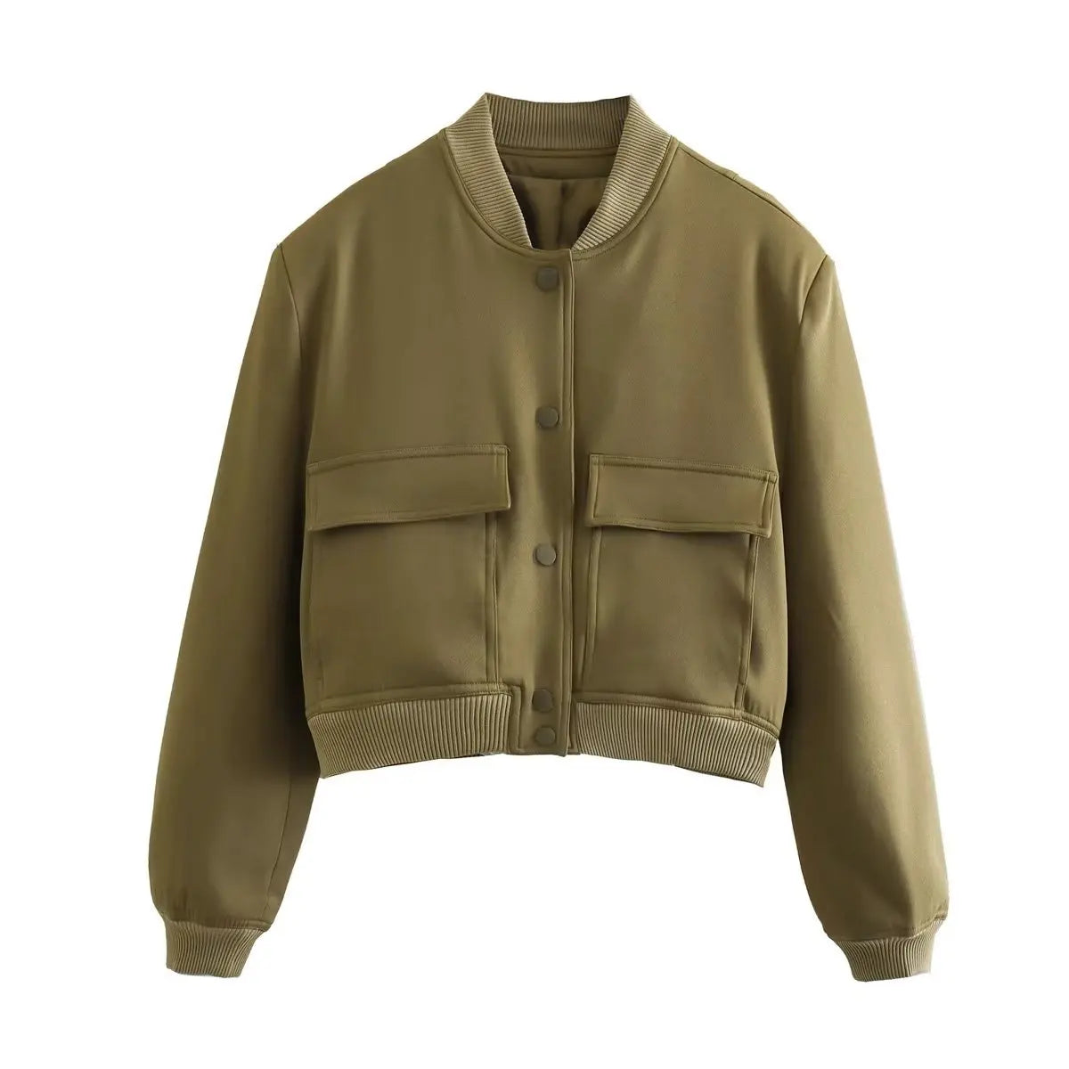 Women Bomber Jacket - Solid V Neck Single Breasted Polyester Coat With Pockets