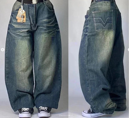 American Street Fashion Trend Big Pocket Loose Jeans Women Harajuku Y2K New Hip Hop Vintage Oversized Jeans Unisex Mopping Jeans
