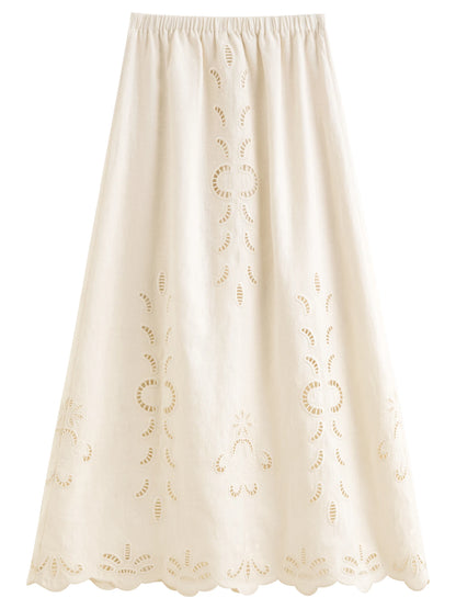 FSLE【Premium Series】Summer Women Linen Two Piece Set Cut-Out Embroidered Sleeveless Top Midi Skirt Boho Beach Vacation Style