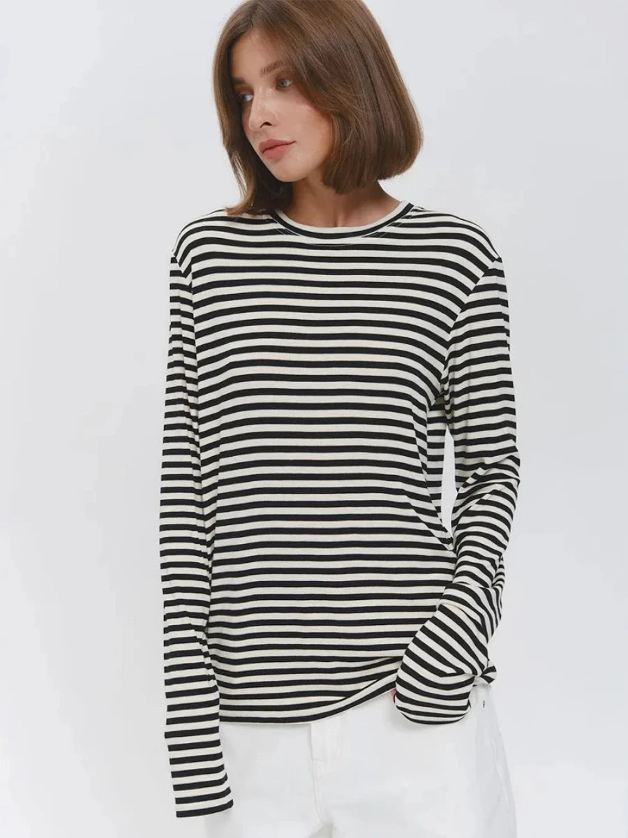 Bornladies Autumn New Fashion Women Cotton Striped Long Sleeve T Shirt Office Casual Simple Round Neck Pullover Tops & Tees