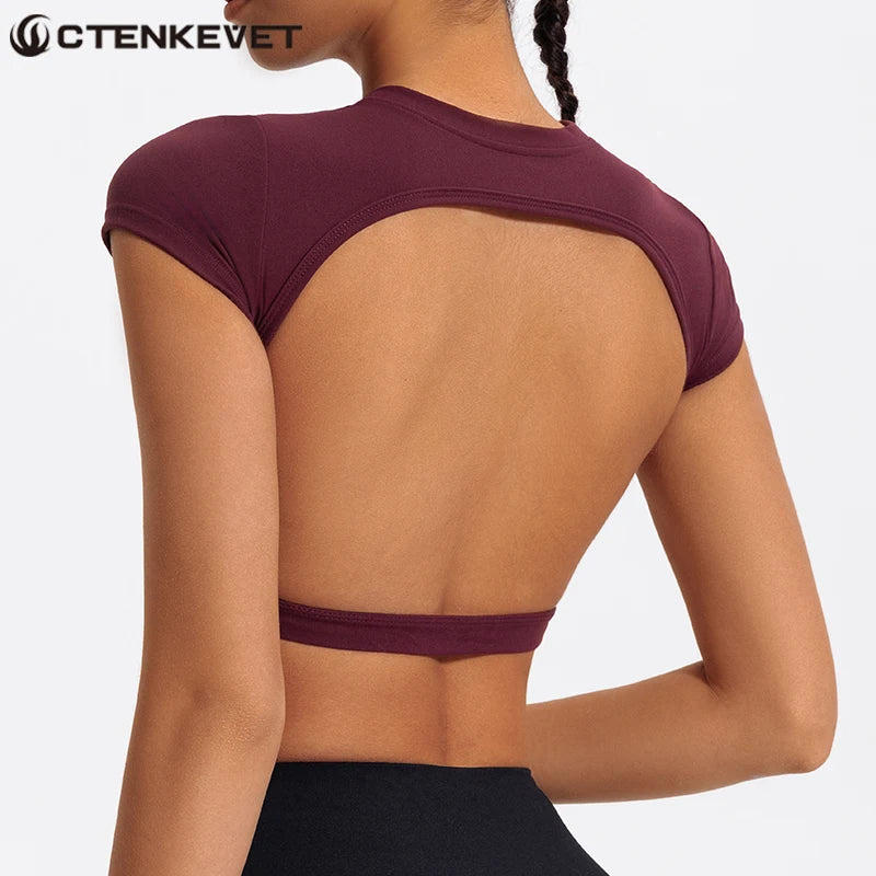 Women Crop Top - Backless Sports Crop Tee With High Compressive Waistband