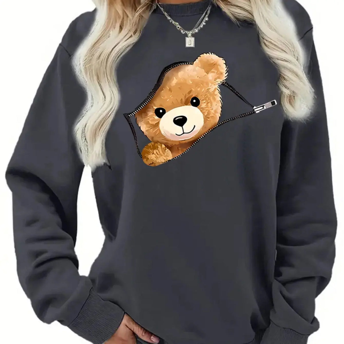 Women's Autumn and Winter Loose Casual Cartoon Zipper Bear Pattern Printed Velvet Long-Sleeved Round Neck Sweatshirt Pullover