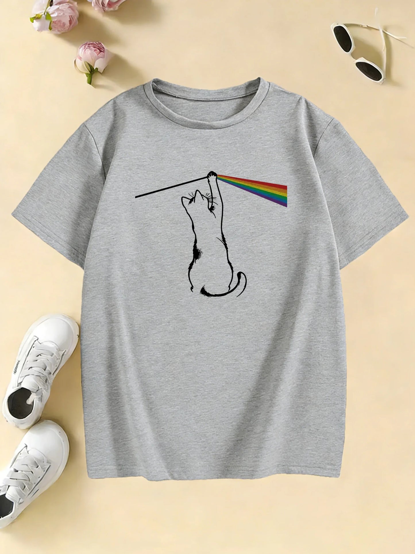 Fashion Rainbow Cat Design Printed T Shirts Kids Children's T-shirt Boys Girls Summer Spring Casual Top Tee