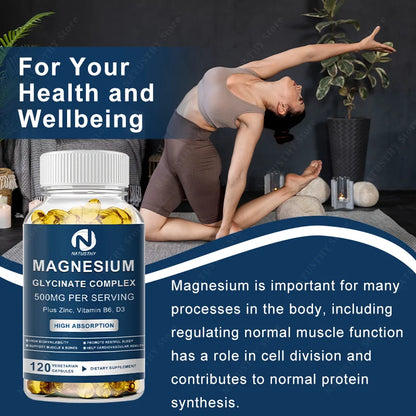 Magnesium Glycinate Supplement 500mg & Zinc, Vitamin D3 B6 High Absorption Support for Women & Men Mineral Vegan Capsules