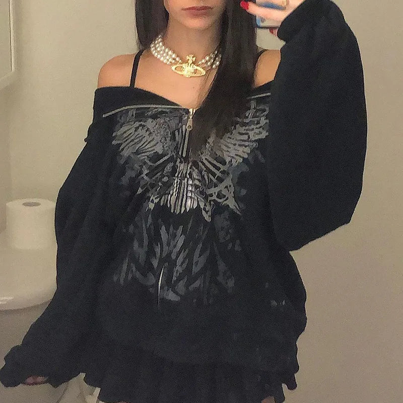 Y2K Rhinestone Cobweb Zip Up Oversized Sweatshirt 2022 Autumn Goth Hoodie Men Women Grunge Hooded Jacket Streetwear Y2K Clothing
