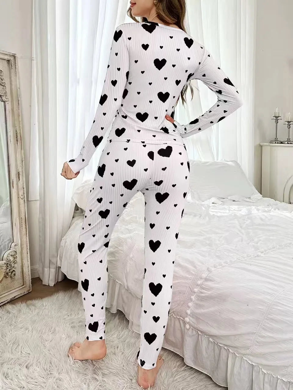 Women's Autumn Winter Pyjama Set, Heart Print Long Sleeve T-shirt and Long Pants Set Loungewear Female Sleepwear