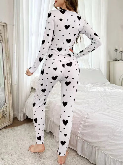 Women's Autumn Winter Pyjama Set, Heart Print Long Sleeve T-shirt and Long Pants Set Loungewear Female Sleepwear