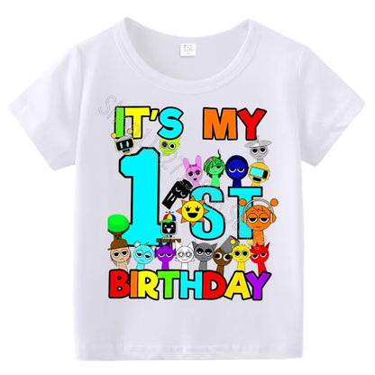 Kids Birthday Cute Cartoon Characters Graphic T-Shirt, Soft Cotton Crew Neck Tee, Casual Party Wear for Boys & Girlsdf0019