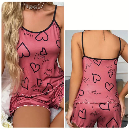 Women's Heart-Shaped Printed Pajamas Set Sexy Pajamas Silk Pleated Vest Shorts Set Soft and Comfortable Home Wear Sweet and Cute