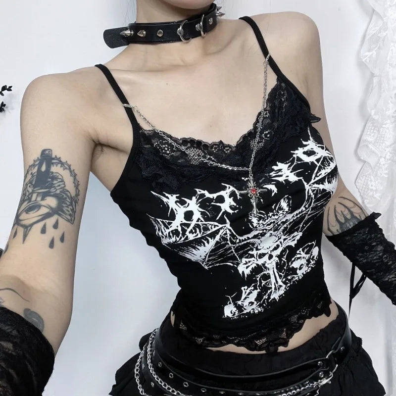 AltGoth Gothic Punk Camis Women Streetwear Harajuku Y2k Grunge Graphic Bat Printed Lace Patchwork Crop Tank Top with Chain Femme