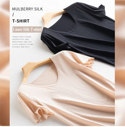 Women's V-Neck T-Shirt – Silk-Linen-Cotton Solid Summer Tee
