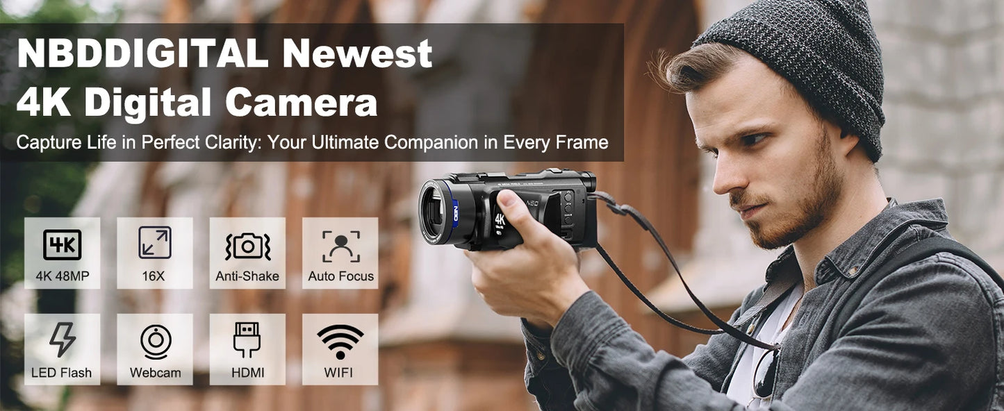 4K HD Camcorder - 48MP Digital Zoom Camera With WiFi & App Control, Long Battery Life