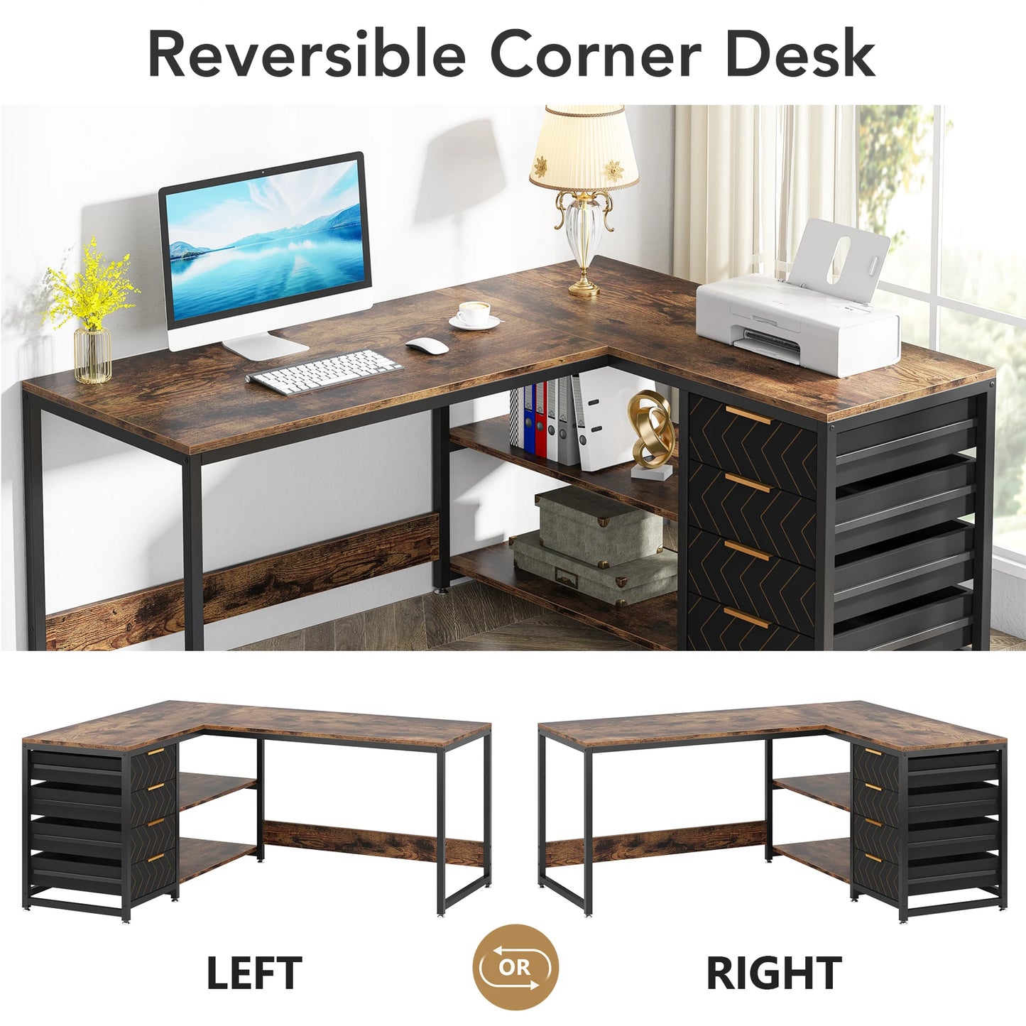 L Shaped Computer Desk - Reversible Corner Office Desk with Drawers & Shelves